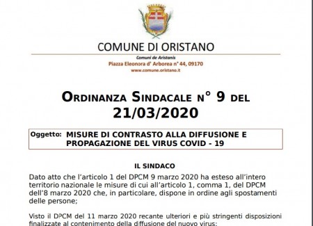 Comune di Oristano - nuova ordinanza sindacale
